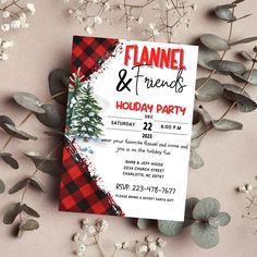 a red and black plaid christmas party flyer