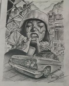 a drawing of a person holding money in front of a car with the hood up