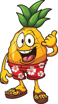 cartoon pineapple character wearing hawaiian clothing and giving the thumbs up sign with both hands