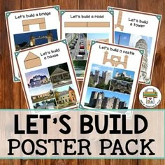 the let's build poster pack is shown with pictures of buildings and other things