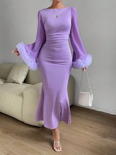 Elegance Personified: Purple Ruffle Trim Trumpet Sleeve Mermaid Hem Dr Materials Gown Style, Modest Dresses Fashion, Chique Outfit, Classy Gowns, Corporate Dress, Chic Dress Classy, Mode Turban, Dinner Dress Classy, Modest Dresses Casual