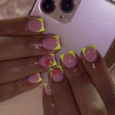 Neon Yellow French Tip Nails with a 3D cherry charm on each hand. 12 Nails, Prep Kit &, Application Instructions Included. The Nail Sizing Is Universal, If You Want Exact Sizing You Can Purchase A Sizing Kit Or Use The Sizing Chart. (Not My Photo). Can Replicate All Designs. Short Acrylic Frenchies, Nails With Charms Black, Neon Yellow French Tip, Neon Yellow French Tip Nails, Vacation Nails Black Women, Summer Nails Black Women, Yellow French Tip, Yellow French, Overlay Nails