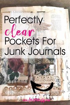 an open book with the words perfectly clear pockets for junk journals