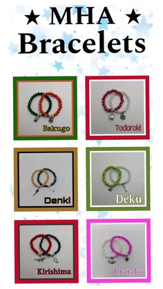 -Homemade item -Made with REAL porcelain beads -Mha themed -Choice of 6 characters including: Bakugo, Deku, Todoroki, Denki, Kirishima and Uraraka -Plastic and porcelain beads -Stretchable bracelets Deku Bracelet, Character Themed Bracelets, Bakugo Earrings, Mha Bracelet Ideas, Mha Jewelry, Mha Bracelet, Ideas For Pins, Naruto Bracelet, Character Bracelets