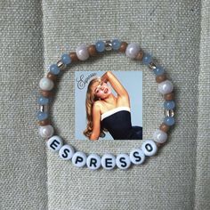 Espresso Beaded Bracelet   Sabrina Carpenter... - Depop Sabrina Carpenter Concert Bracelets, Short And Sweet Bracelet, Sabrina Carpenter Clay Bead Bracelet, Singer Bracelet Ideas, Bracelet Ideas Sabrina Carpenter, Sabrina Carpenter Jewelry, Sabrina Carpenter Bracelet Ideas, Sabrina Carpenter Friendship Bracelet, Ariana Grande Bracelet