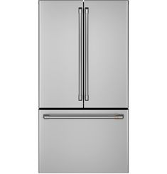 a stainless steel refrigerator freezer with two doors and drawers on the bottom, in front of