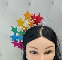 Each part rainbow star crown is 100% hand made. Each stars celestial headpiece is made by my hands with love for you. This moon crown is made of gold glitte foam. The base of the galaxy headband is made of wire that is wound with a silver floral tape. The stars are made by hand and fastened to the base with felt.  The height of the star crown is about 4 inches (10.5 cm). More of my star crown you can see here  https://www.etsy.com/ru/shop/byIraFomina?ref=hdr_shop_menu&section_id=24362623 Thank you for attention. Have a nice day. Rainbow Crown Diy, Pride Headpiece, Galaxy Headpiece, Galaxy Headband, Pride Headband, Rainbow Headpiece, Celestial Headpiece, Parade Outfit, Moon Crown