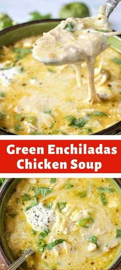 green enchiladas chicken soup in a bowl with a ladle and spoon