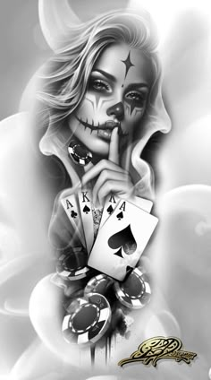 a drawing of a woman with makeup and playing cards