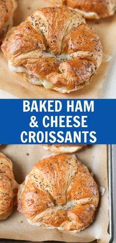 baked ham and cheese croissants on parchment paper with text overlay that reads baked ham and cheese croissants