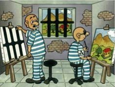 two cartoon characters in jail clothes standing next to each other and one is holding an easel