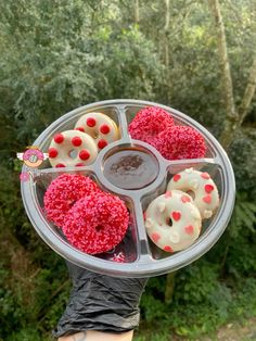 a person holding up a tray with donuts and sauces on it in front of trees