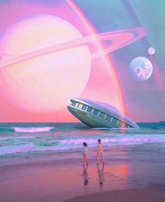 two people walking on the beach in front of an image of a boat and planets