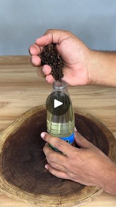 a person holding a bottle filled with dirt on top of a wooden table next to a piece of wood