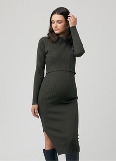 Before or after babe? You decide. This classic long-sleeve knit maternity dress features comfy, stretchy ribbing that grows with your tummy then shrinks right back once you’re no longer carrying your little one. Plus, Ripe thought of the nursing moms, too, with a discrete lift-up top. We love a good staple mom dress! 72% viscose / 28% nylon Cold hand wash separately. Do not bleach, soak, rub, or tumble dry. Gently pull to shape and dry in shade. Cool iron under protective cloth. Store folded - do not hang. Dry clean friendly. Stage: Any! Fits before, during, and after babe. Length: 45” (size small) You deserve to feel like your best self, and pregnancy shouldn’t stop that. When two moms found themselves frustrated with the lack of stylish maternity options, they founded Ripe (and we’re soo Nursing Sweater, Long Sleeve Maternity Dress, Tiffany Rose, Pregnant Wedding Dress, Maternity Nursing Dress, Maternity Midi Dress, Maternity Outfits, Party Kleidung, Pregnancy Stages