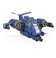 a toy model of a blue fighter jet with wheels on it's wings and cockpits