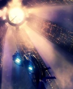 a sci - fi space ship flying through the air with lights on it's sides