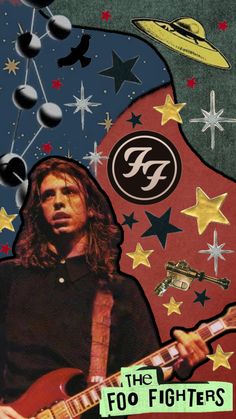 the foo fighters poster with an image of a man holding a guitar in front of him