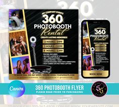 a flyer for a photo booth with two photos on it and the words 360 photography rental