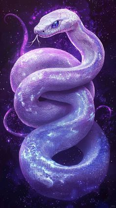 a purple snake with blue eyes on it's head and its tail curled up