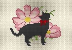 a cross stitch pattern with a black cat and pink flowers