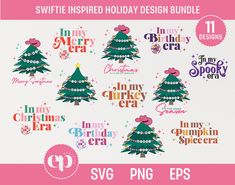 the svg christmas tree bundle is shown in pink and green, with different designs on it