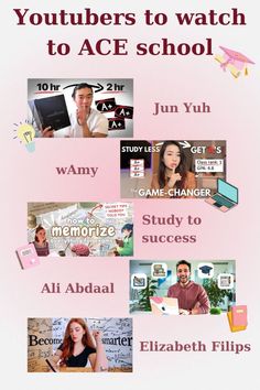 a pink poster with images of people and words that read youtubebers to watch to ace school