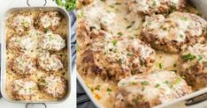 meatballs and gravy in a casserole dish next to broccoli