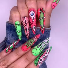 Mars Attacks Nails, Halloween Beach Nails, Hocus Pocus Nails Design, Halloween Pop Art Nails, Rob Zombie Nails, Subtronics Nails, Halloween Gore Nails, Pop Punk Nails, Acrylic Paint On Nails