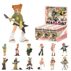 the figurines are all different styles and sizes, including one girl holding a guitar