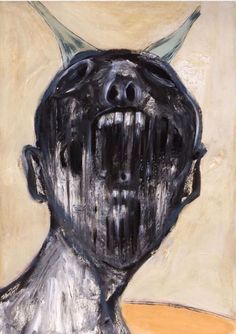 a painting of a man's head with horns on his head and eyes open