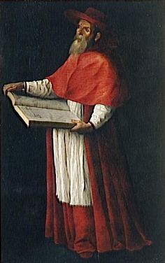 an old man holding a book in his right hand and wearing a red robe on the left