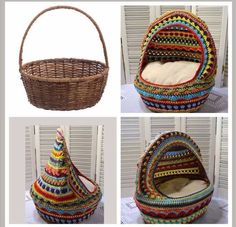 four pictures of different types of baskets with handles and sides, one has a cat bed in the shape of a christmas tree