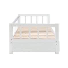 a white bed frame with wooden slats on the top and bottom side, in front of a white background