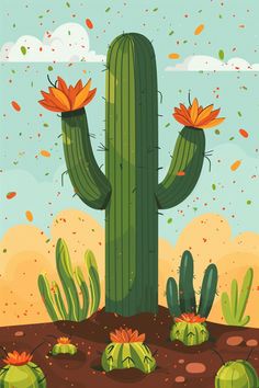 a cactus with two flowers on it's back standing in the middle of a desert