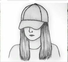 a drawing of a girl with long hair wearing a baseball cap on top of her head