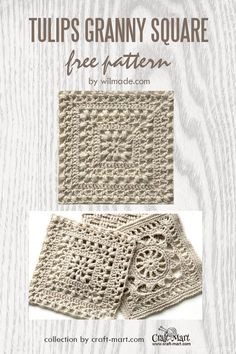 the crochet granny square pattern is shown in three different colors and sizes, including beige