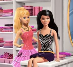 two barbie dolls sitting on a counter in front of a closet full of pink and purple items