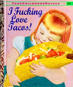 an old children's book with a girl holding a taco in her arms