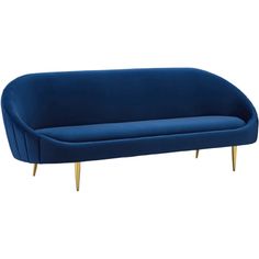 a blue couch with gold legs on a white background