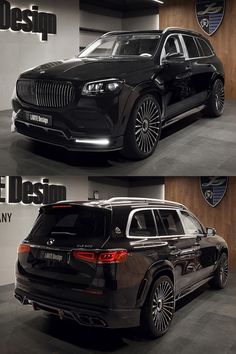 two pictures of the front and back of a black suv, one with chrome rims