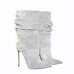 Silver High Heel Leather Boots, Silver Leather High Heel Boots, Silver Knee-high Boots With Pointed Toe For Fall, Silver Fitted Pointed Toe Heeled Boots, Silver Fitted Knee-high Boots, Gray Heels, Slouchy Boots, Boot Types, Pointed Toe Boots