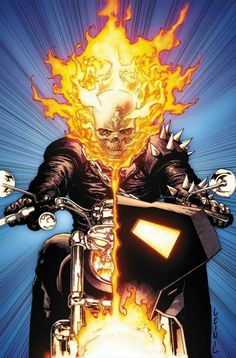 a man riding on the back of a motorcycle with flames coming out of his head