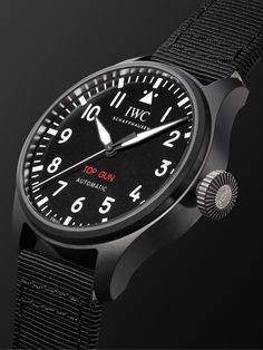 IWC SCHAFFHAUSEN's 'Big Pilot's TOP GUN' watches are engineered using highly robust and resilient materials to withstand the extreme strain that pilots can experience in the cockpit, so they're certainly tough enough to stand up to daily wear, too. This 43mm version has a scratch-resistant matte-black ceramic case, a simple dial with luminescent hands and numerals for low-light visibility and a IWC-manufactured calibre 82100 automatic movement. Aviation enthusiasts will appreciate the laser-eng… Best Looking Watches, Iwc Schaffhausen, Iwc Pilot, Iwc Watches, Mens Watches Leather, Aviator Watch, Latest Watches, Ceramic Watch, Mens Sport Watches