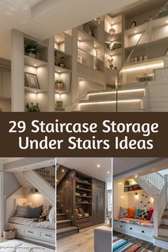 there are several stairs in this house with lights above them and below the stairs is a built - in bed