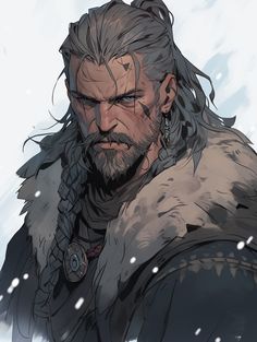 an image of a man with long hair and beards standing in the snow wearing a fur coat