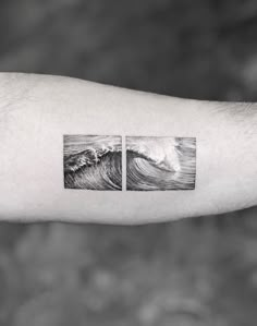 a man's arm with two pictures on it and the same one in black and white