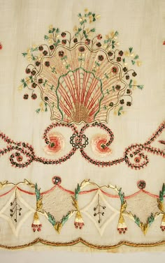 an embroidered piece is shown with gold trimmings and beads on the edges, along with other decorative items