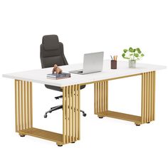 Tribesigns Executive Desk Ceo Desk Design, White And Gold Standing Desk, White Executive Office Desk, Gold Office Desk, White Gold Office, Executive Office Desk Contemporary, Modern Executive Desk, Elegant Home Office, Kitchen Wall Art Printables