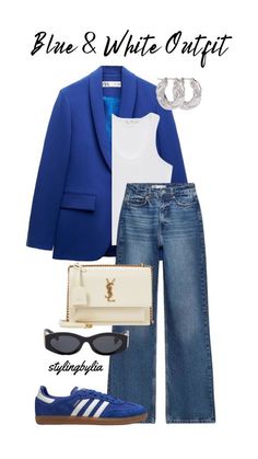 Blue And White Shoes Outfit, White And Blue Outfits For Women, Royal Blue And White Outfit, Blue And White Outfit Ideas, Blue Denim Jeans Outfit, Blue And White Outfit